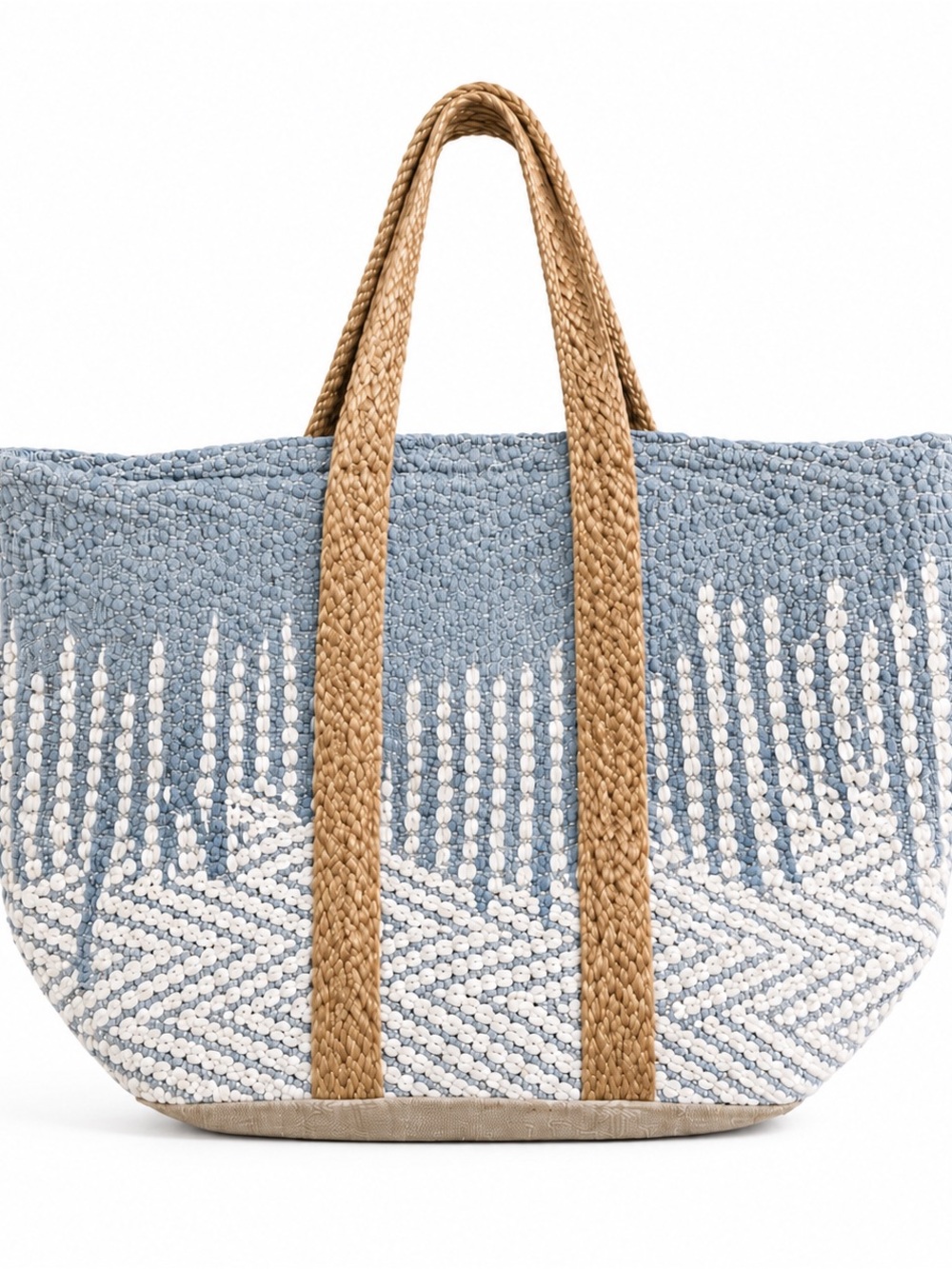Pol huge Woven Straw-Handle jute Tote in Light Blue and White. 15”x24”